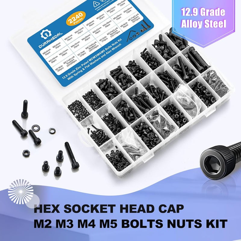 Duramedal 2240PCS Metric Screw Assortment,M2-M5 Metric Screw Kit, Hex Socket Metric Bolts, Metric Machine Screws 12.9 Grade Alloy Steel,Black Zinc Plated,Free Allen Head Wrench - Image 5